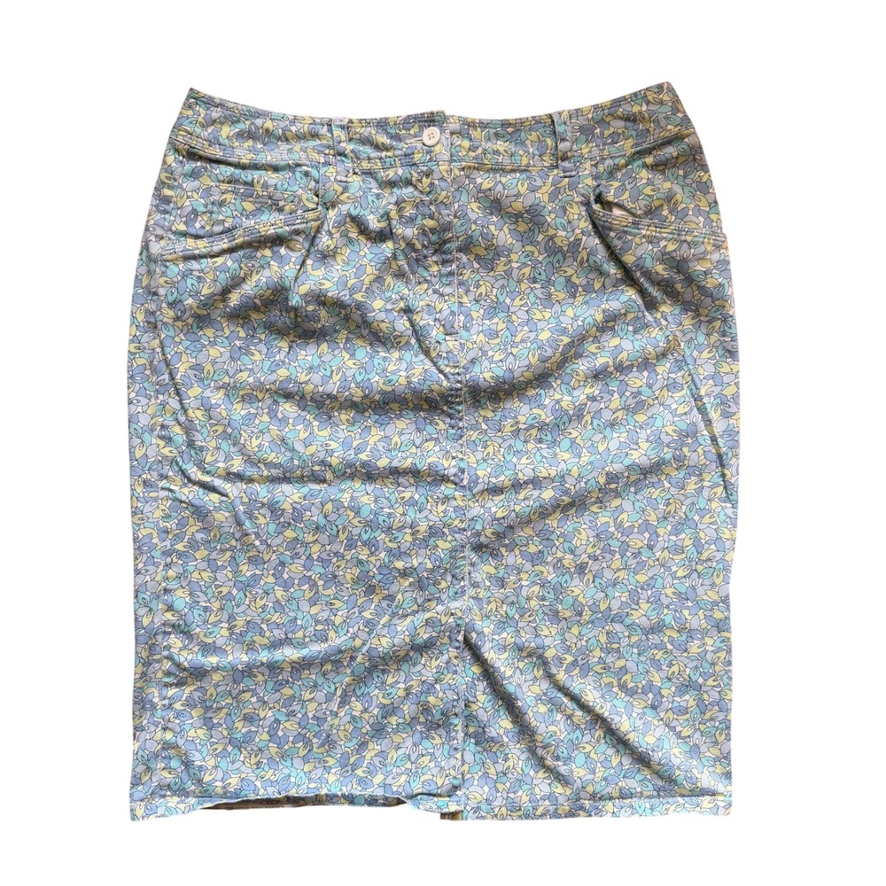 Talbots Womens Blue Yellow Leaf Print Stretch Cotton Pencil Skirt Size 12